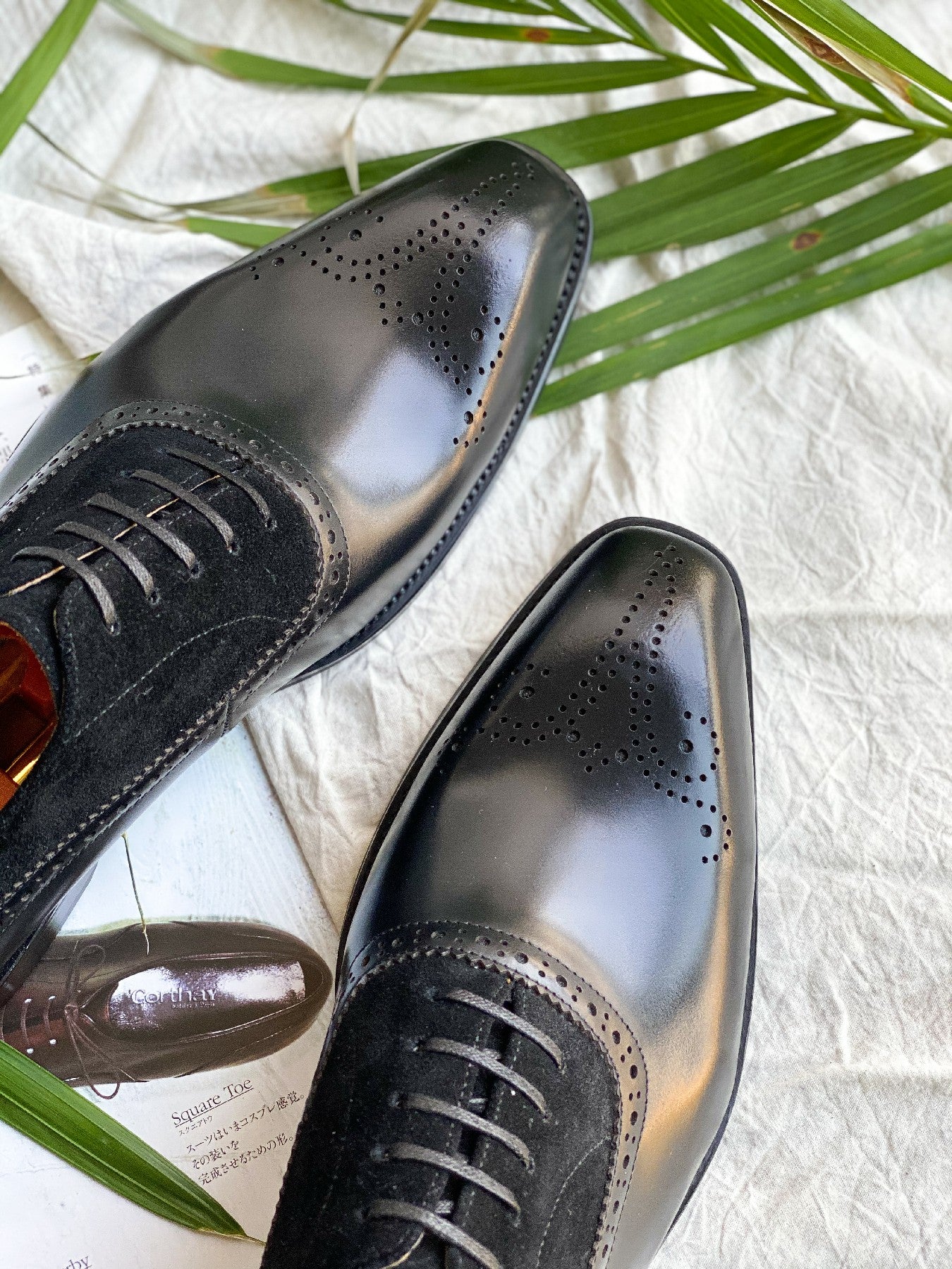 Black - Suede & Leather Brogue Derby Oxfords - Italian Square Toe | Hides&Cult