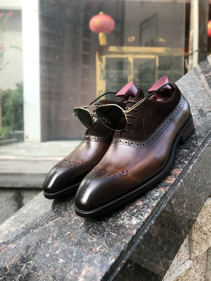 Patina Brown - Suede & Leather Brogue Derby Oxfords - Italian Square Toe | Hides&Cult