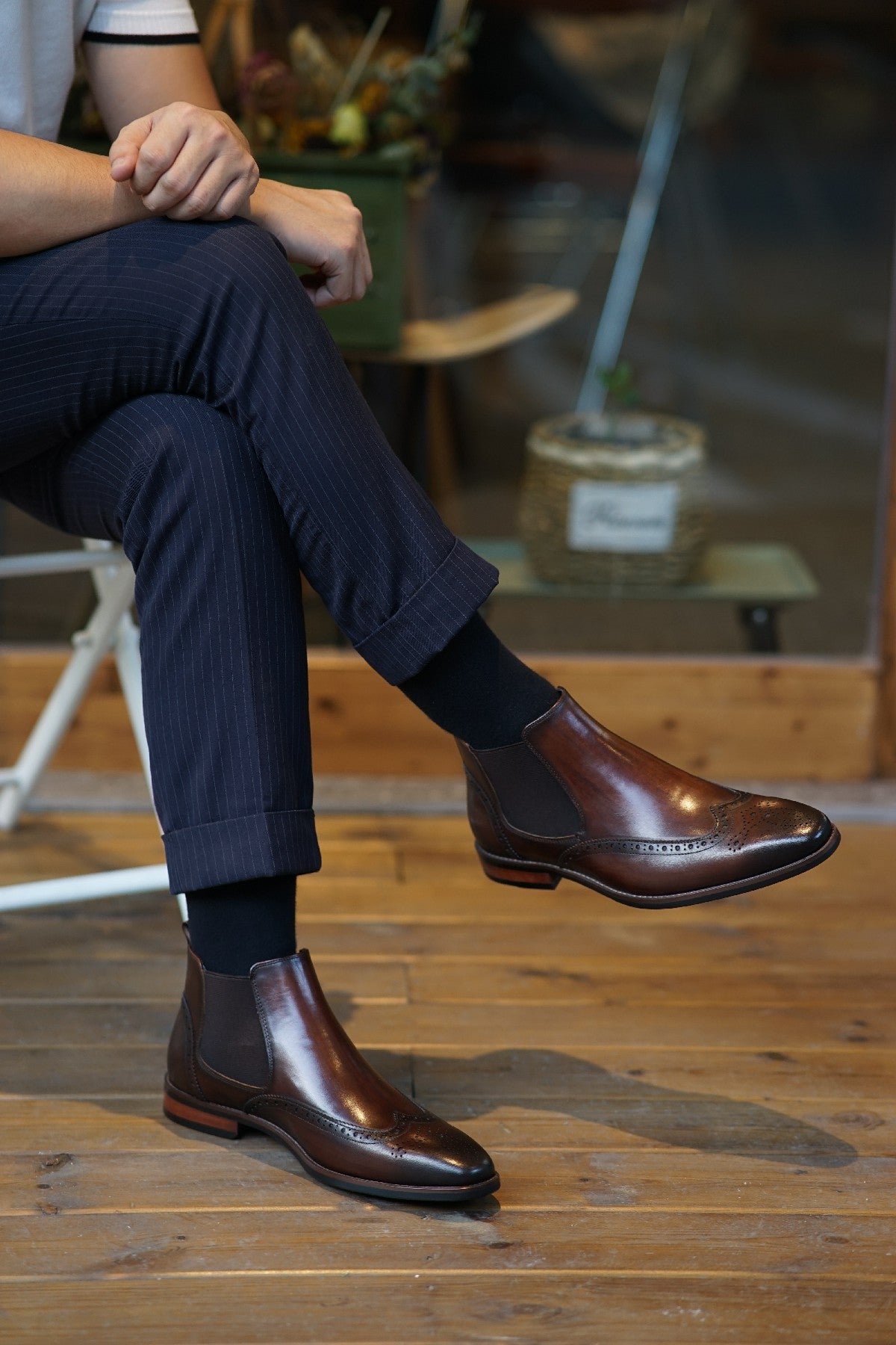 Brown Wing Brogue Side Stretch Leather Chelsea Boots | Hides&Cult