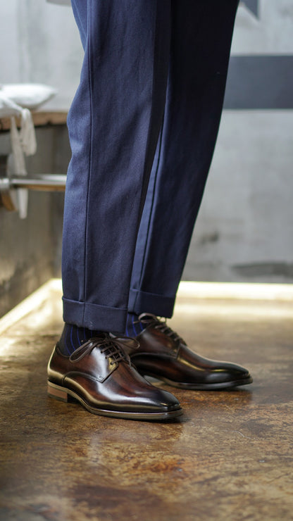 Dark Brown Patina Stroke Finish Effect Derby Lace Up Shoes - Pointed Toe | Hides&Cult