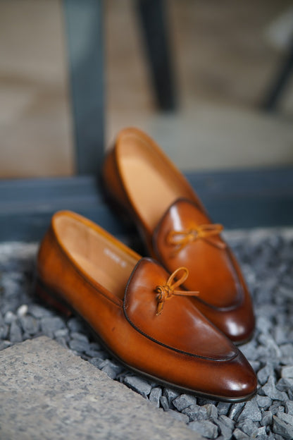 Tan Hand Painted Patina Casual Wedding Tassel Slip On Loafers | Hides&Cult