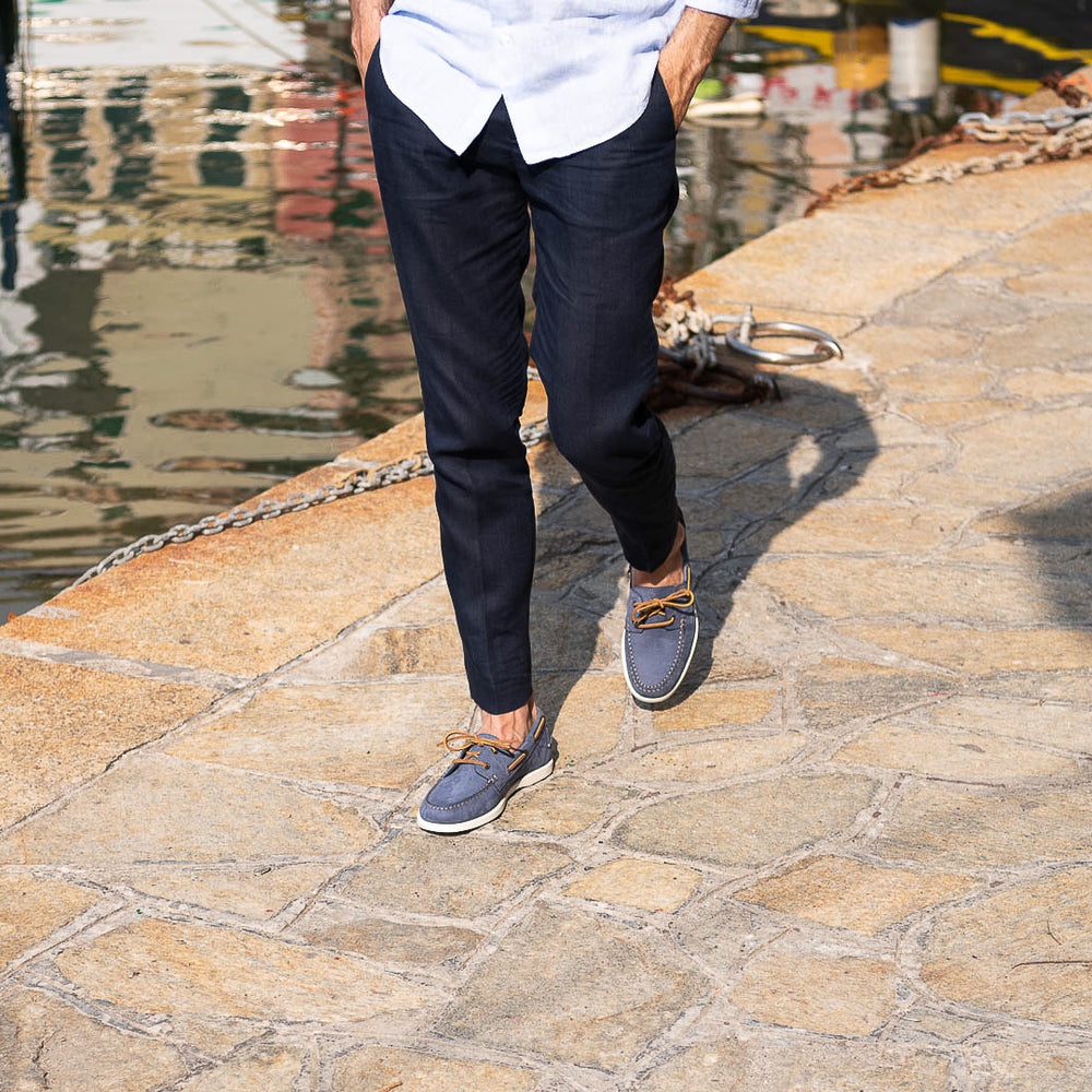 Men's Light Blue - Tobacco Brown Nubuck Laced Boat Shoes | Hides&Cult