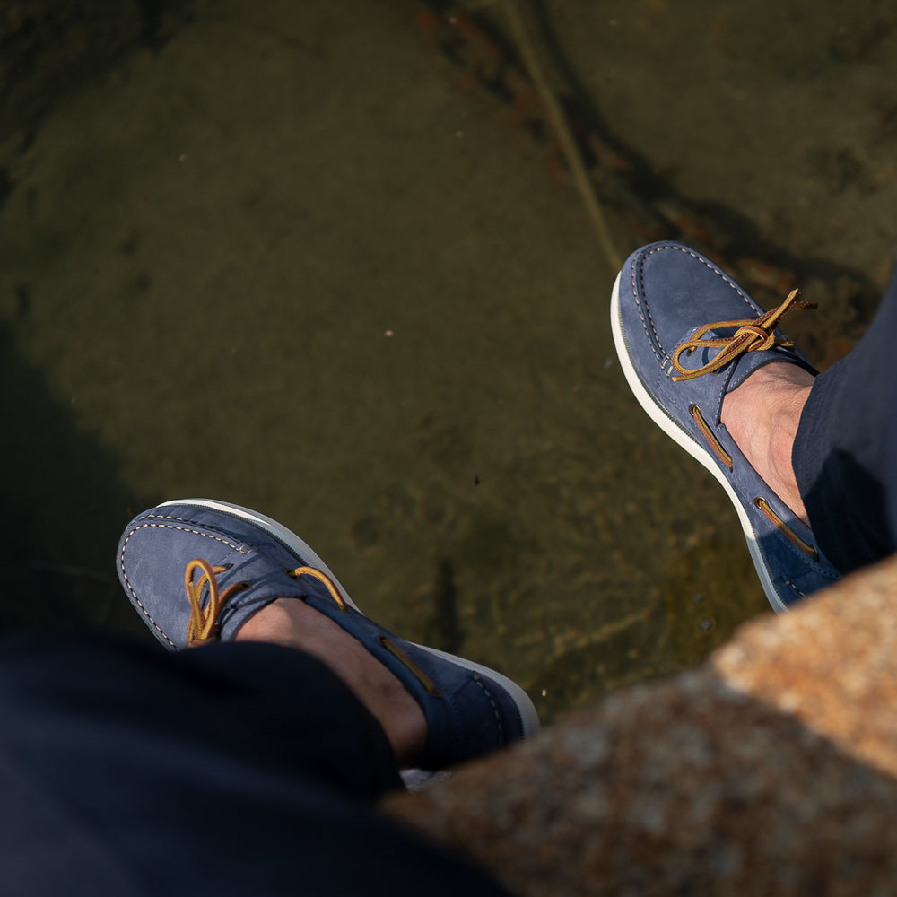 Men's Light Blue - Tobacco Brown Nubuck Laced Boat Shoes | Hides&Cult