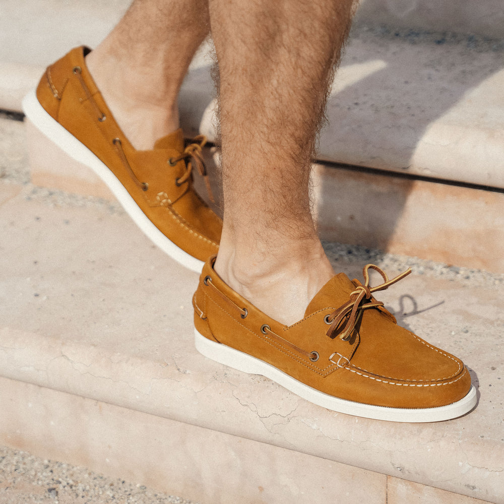 Men's Light Blue - Tobacco Brown Nubuck Laced Boat Shoes | Hides&Cult