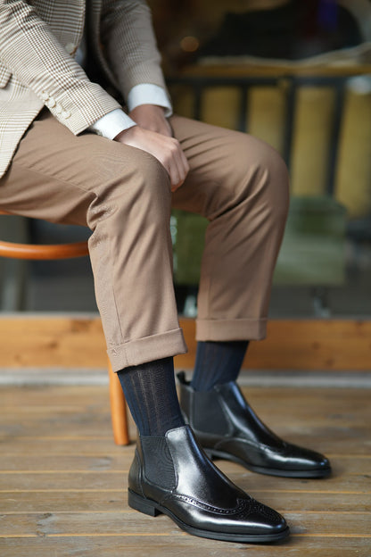 Black Wing Brogue Side Stretch Leather Chelsea Boots | Hides&Cult