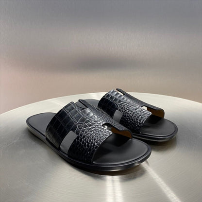 Austin Mens Slippers in Black Croc Leather | Hides&Cult