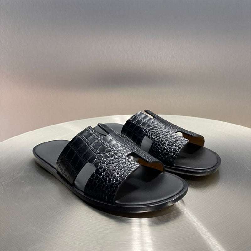 Austin Mens Slippers in Black Croc Leather | Hides&Cult