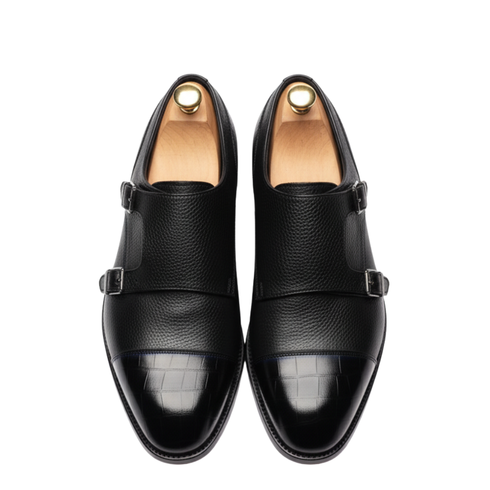 Black Double Monk Strap Milled - Croc Two Tone Shoes - CLEARANCE EVENT