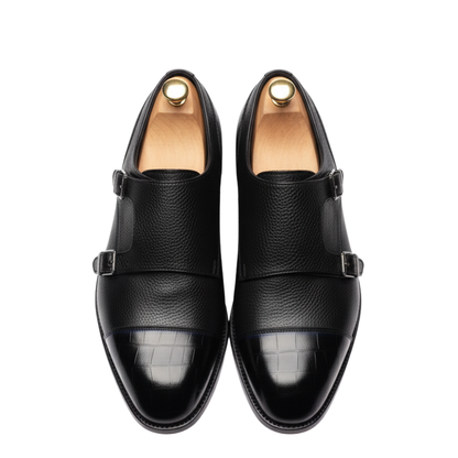 Black Double Monk Strap Milled - Croc Two Tone Shoes - CLEARANCE EVENT