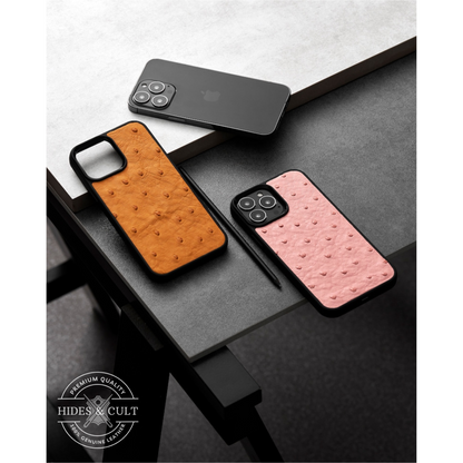 Luxury Tan Brown Ostrich Print Shockproof Genuine Leather Iphone Case