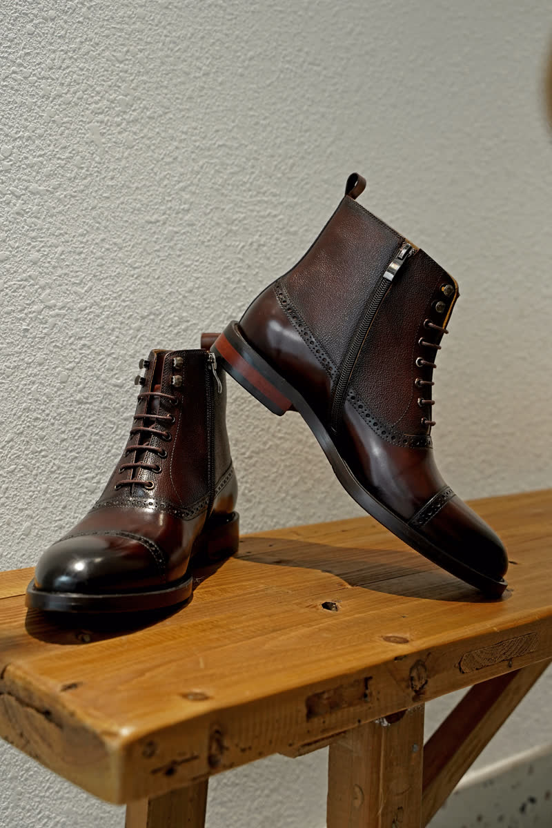 Black Lace Up Side Zip Military Style Leather Combat Boots | Hides&Cult