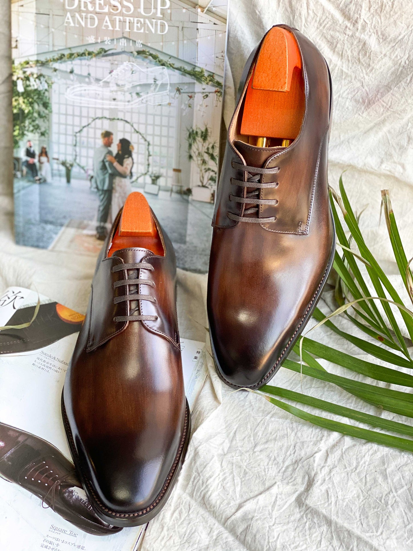 Dark Brown Patina Stroke Finish Effect Derby Lace Up Shoes - Pointed Toe | Hides&Cult
