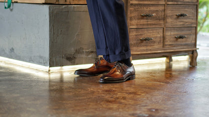 Tan Patina Stroke Finish Effect Derby Lace Up Shoes - Pointed Toe | Hides&Cult