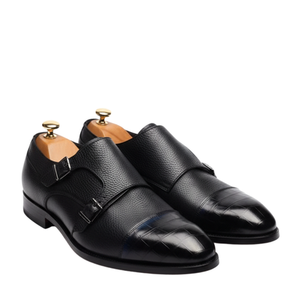 Black Double Monk Strap Milled - Croc Two Tone Shoes - CLEARANCE EVENT