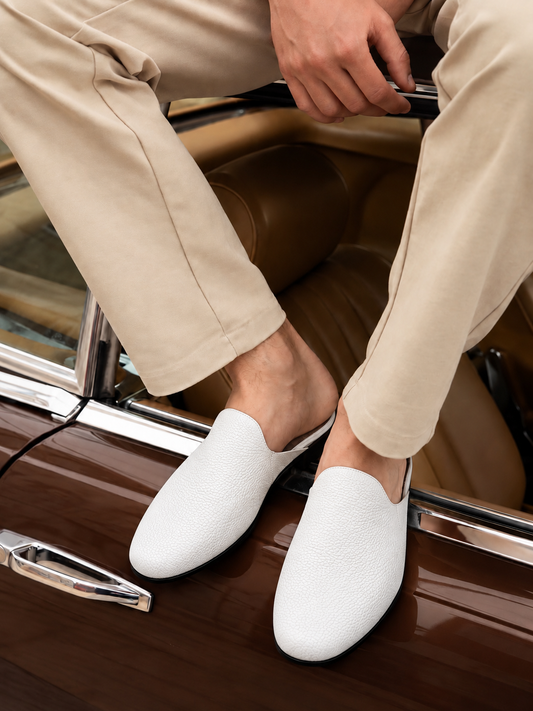 Vegas - White Milled Texture Leather Mules