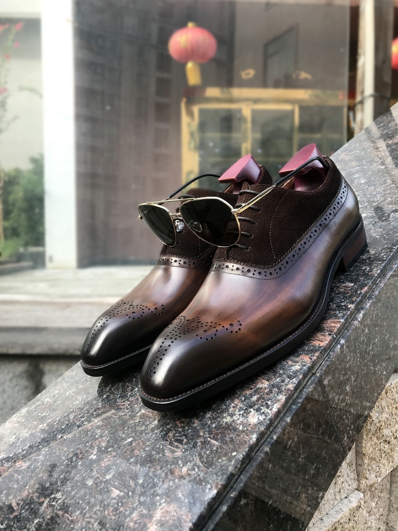 Patina Brown - Suede & Leather Brogue Derby Oxfords - Italian Square Toe | Hides&Cult