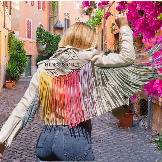 Womens Off White with Rainbow Nappa Fringes Leather Jacket