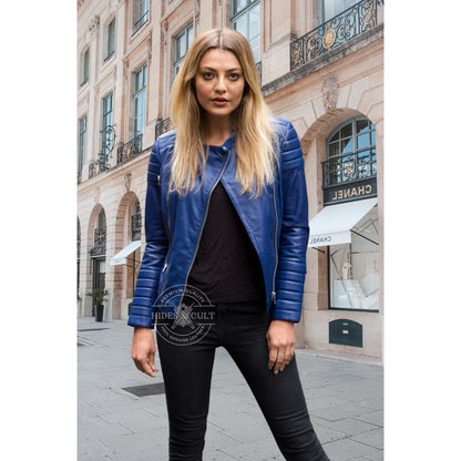 Womens Blue Quilted Motorcycle Genuine Leather Jacket
