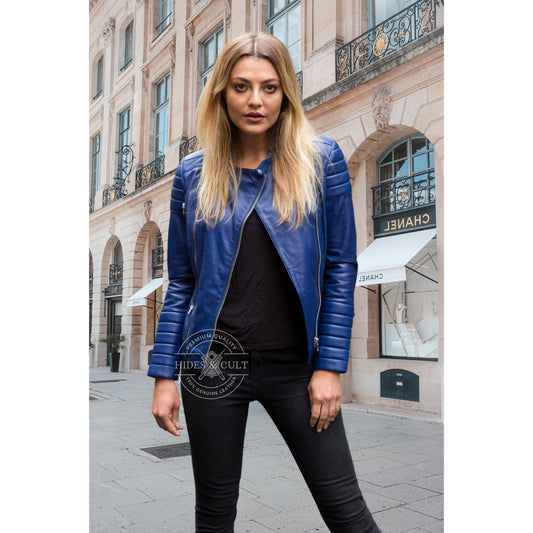 Womens Blue Quilted Motorcycle Genuine Leather Jacket