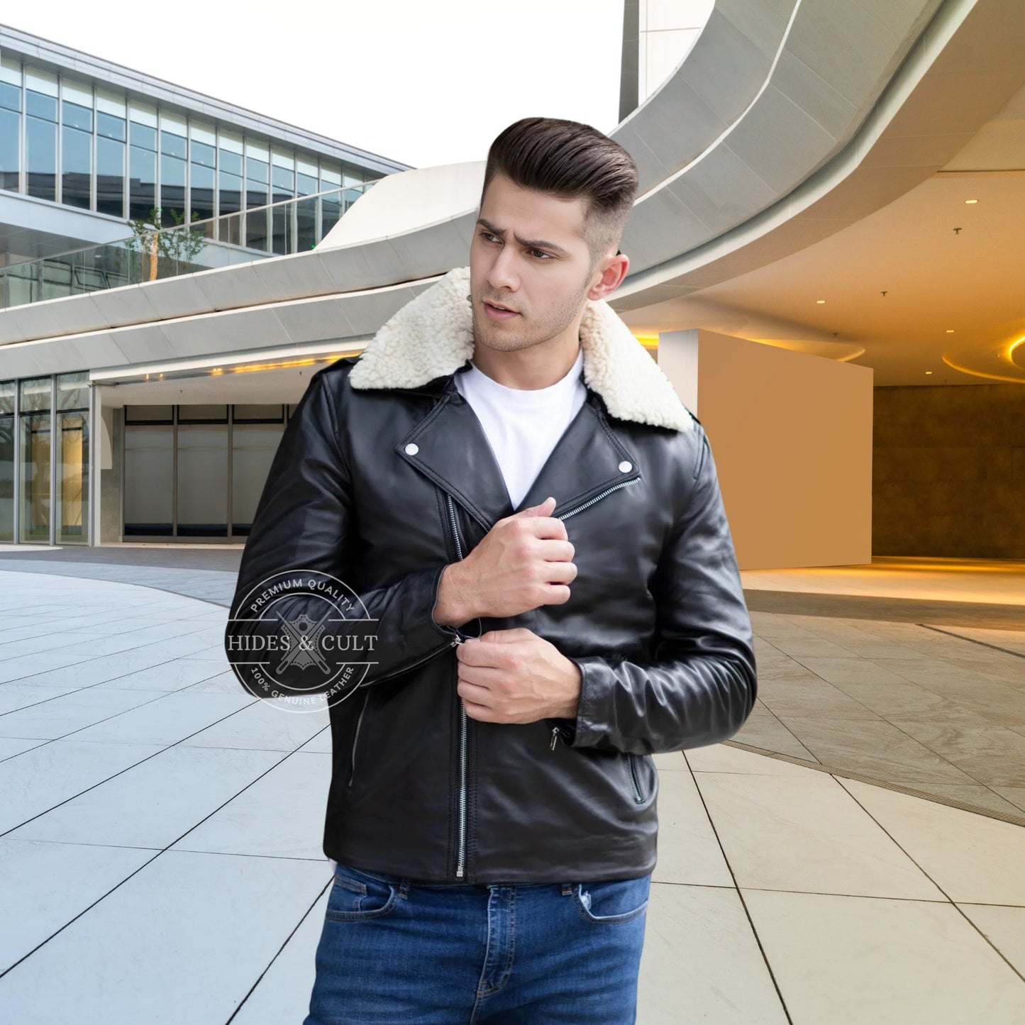 Mens Black - White Furr Collar Motorcycle Biker Genuine Leather Jacket