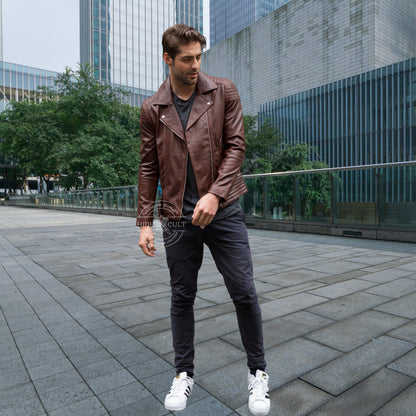 Mens Brown Tailored Motorcycle Biker Genuine Leather Jacket