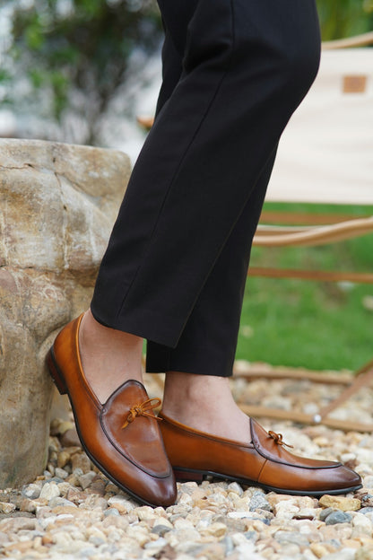 Tan Hand Painted Patina Casual Wedding Tassel Slip On Loafers | Hides&Cult