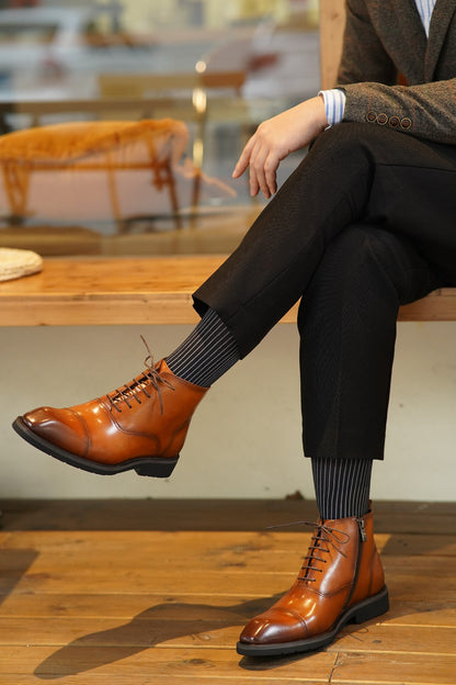 Tan Brown Mock Toe Side Zip Lace Up British Retro Style Leather Boots | Hides&Cult