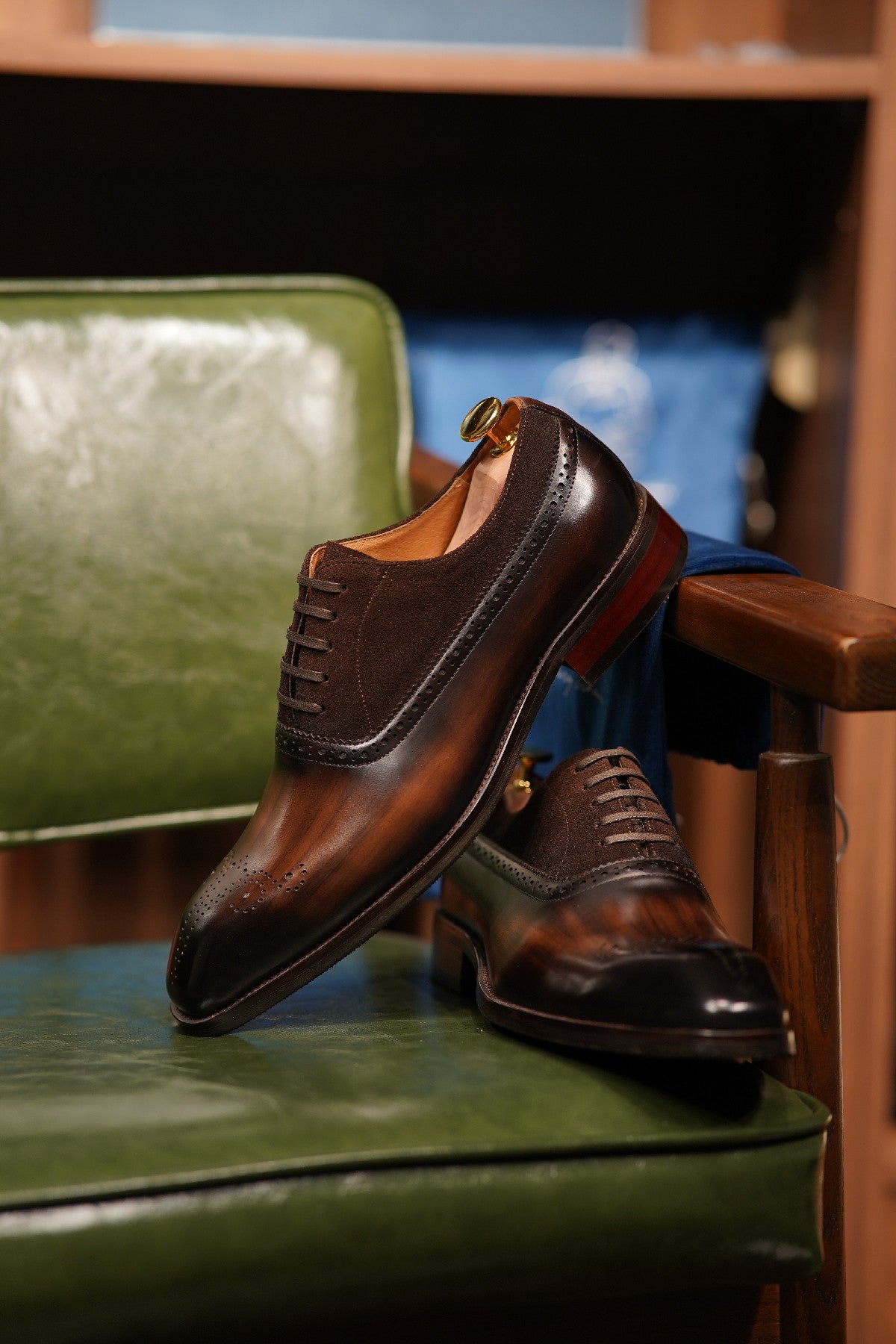 Patina Brown - Suede & Leather Brogue Derby Oxfords - Italian Square Toe | Hides&Cult