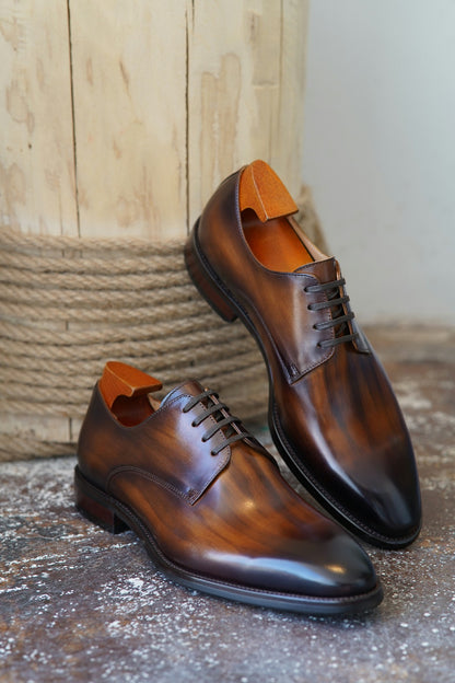 Tan Patina Stroke Finish Effect Derby Lace Up Shoes - Pointed Toe | Hides&Cult