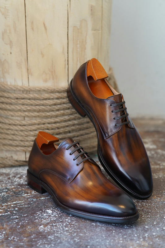Tan Patina Stroke Finish Effect Derby Lace Up Shoes - Pointed Toe | Hides&Cult