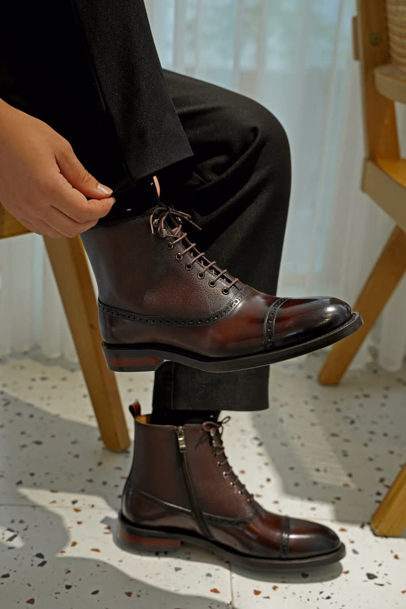 Black Lace Up Side Zip Military Style Leather Combat Boots | Hides&Cult