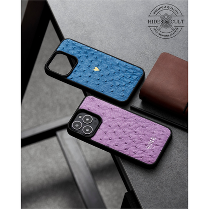 Luxury Blue Ostrich Print Shockproof Genuine Leather Iphone Case