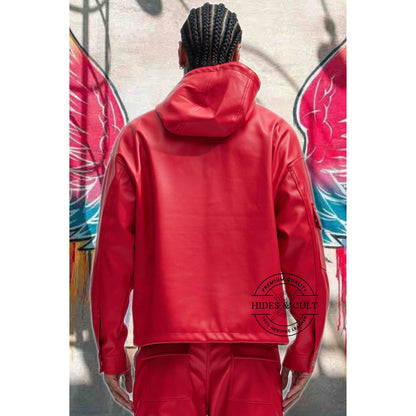 Men's Red Genuine Leather Hooded Pullover Jacket