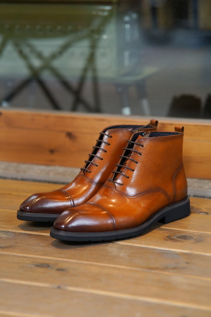 Tan Brown Mock Toe Side Zip Lace Up British Retro Style Leather Boots | Hides&Cult