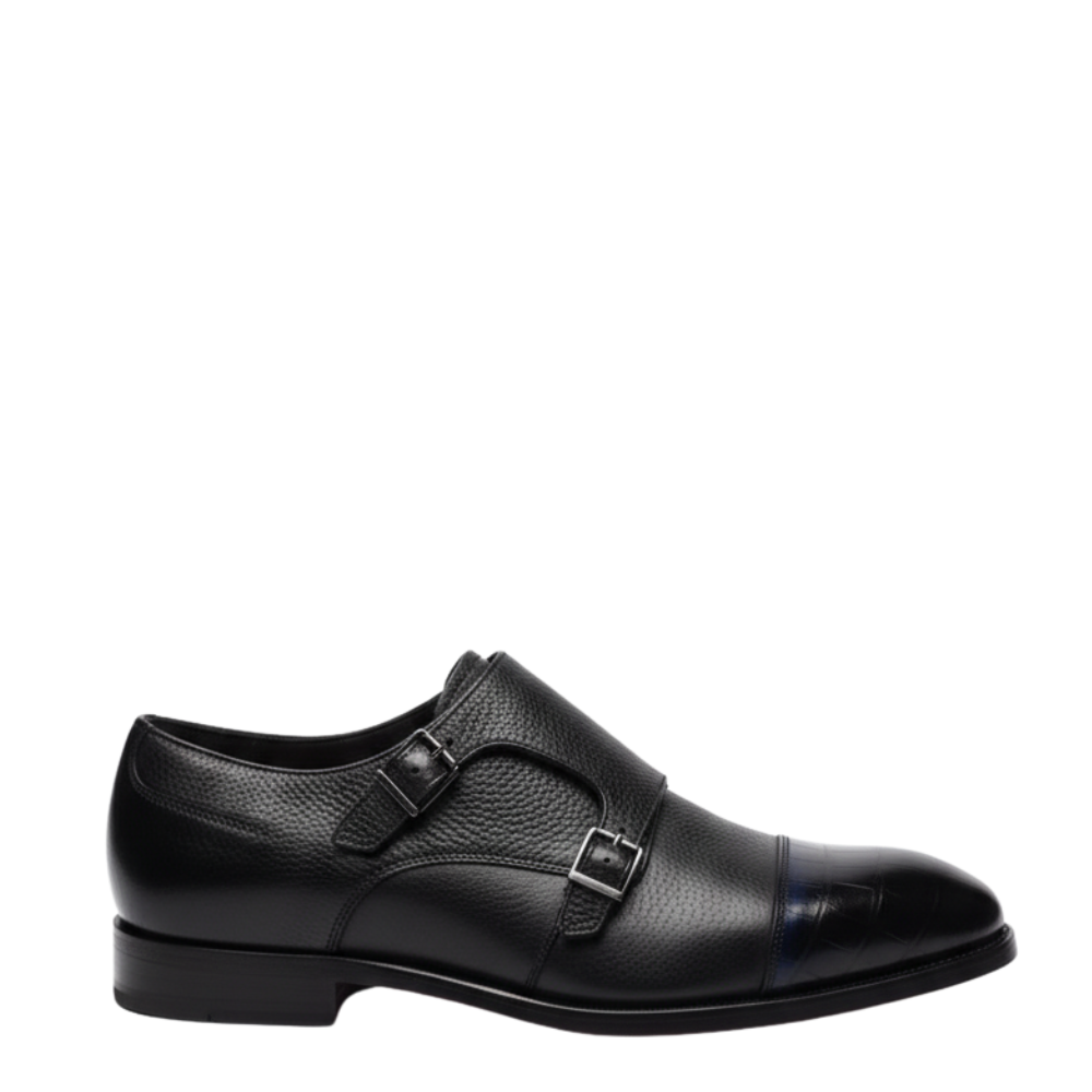 Black Double Monk Strap Milled - Croc Two Tone Shoes - CLEARANCE EVENT