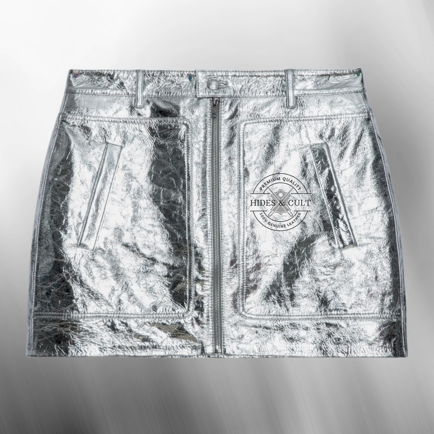 Womens Crackled Silver Metallic Foil Effect Genuine Leather Mini Skirt with Pockets