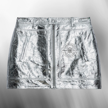 Womens Crackled Silver Metallic Foil Effect Genuine Leather Mini Skirt with Pockets