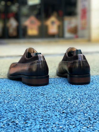 Patina Brown - Suede & Leather Brogue Derby Oxfords - Italian Square Toe | Hides&Cult