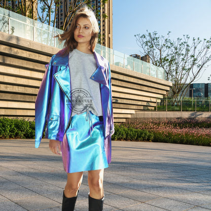 Womens Iridescent Blue - Green Metallic Foil Effect Genuine Leather Mini Skirt