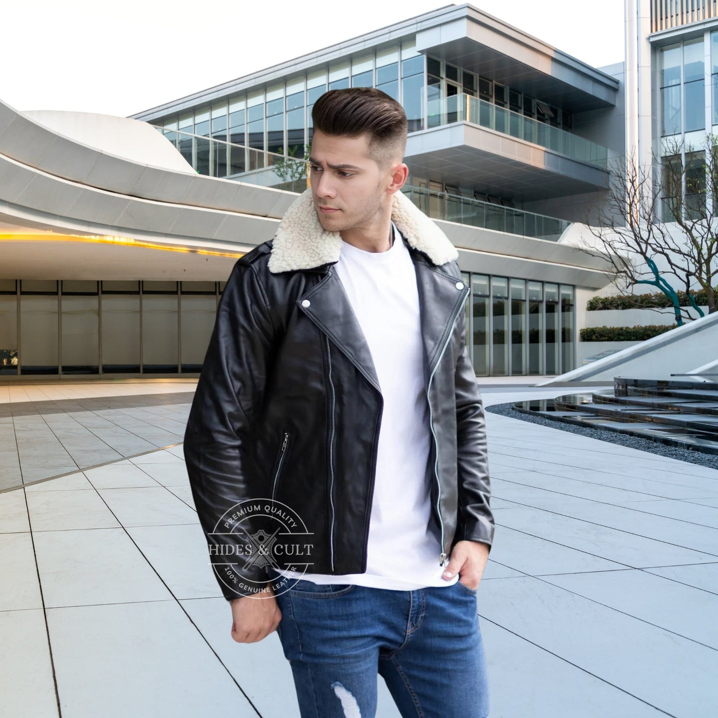 Mens Black - White Furr Collar Motorcycle Biker Genuine Leather Jacket