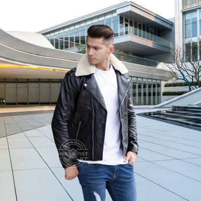 Mens Black - White Furr Collar Motorcycle Biker Genuine Leather Jacket