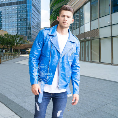 Mens Cobalt Blue Belted Motorcycle Biker Genuine Leather Jacket