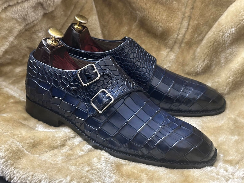 Croco Double Monk Strap Shoes - Deep Blue | Hides&Cult