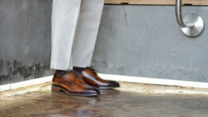 Tan Patina Stroke Finish Effect Derby Lace Up Shoes - Pointed Toe | Hides&Cult