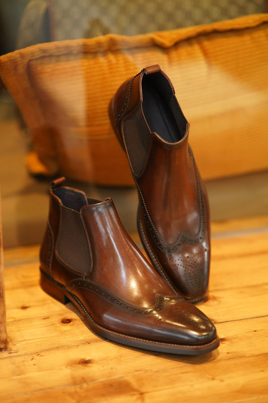 Brown Wing Brogue Side Stretch Leather Chelsea Boots | Hides&Cult