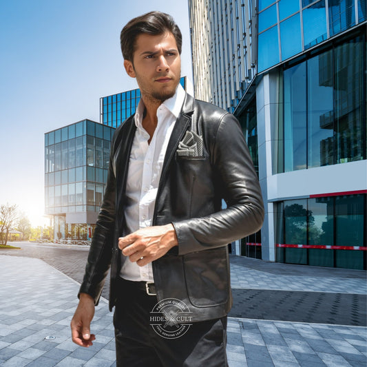 Mens Black Slim Fit Business Leather Blazer
