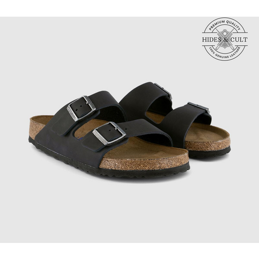 California Two Strap Sandals in Black Oiled Leather Men's | Hides&Cult