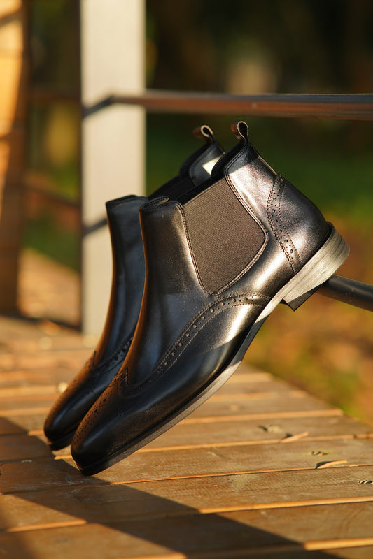 Black Wing Brogue Side Stretch Leather Chelsea Boots | Hides&Cult