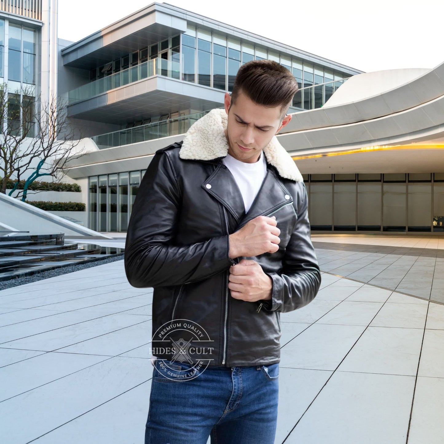 Mens Black - White Furr Collar Motorcycle Biker Genuine Leather Jacket