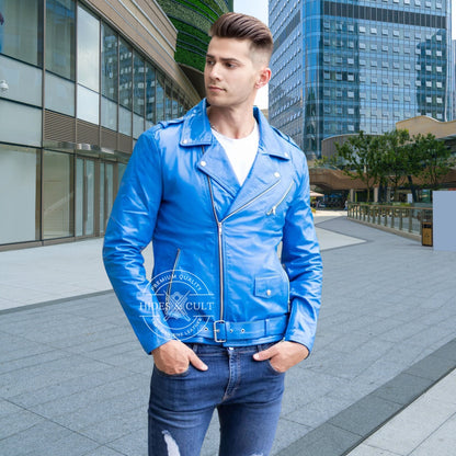 Mens Cobalt Blue Belted Motorcycle Biker Genuine Leather Jacket